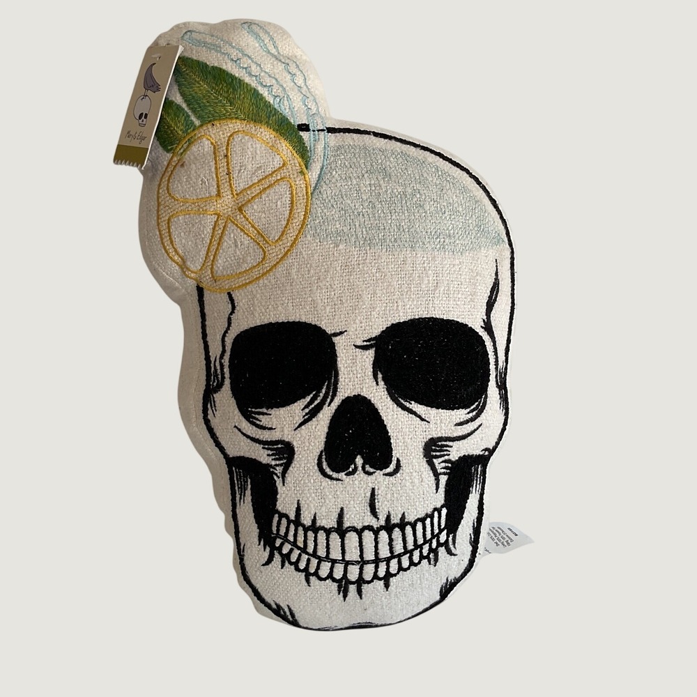 Mary & Edgar Embroidered Skull Tropical Cocktail Decorative Pillow 18in NWT